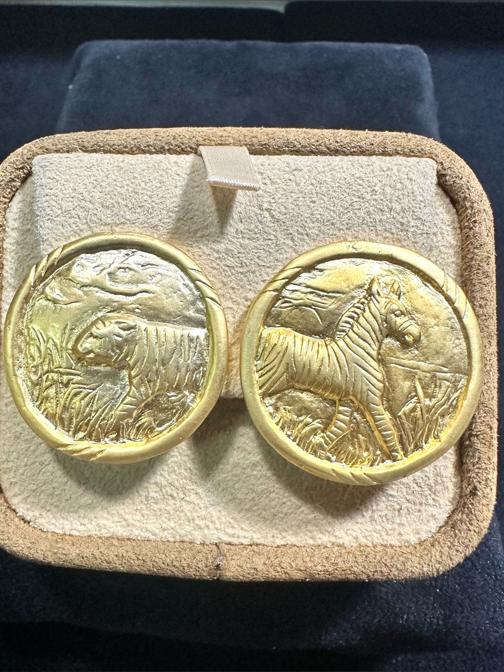 NOS/ Vtg Matte Gold Safari Tiger & Zebra Disc Style clip On Earrings